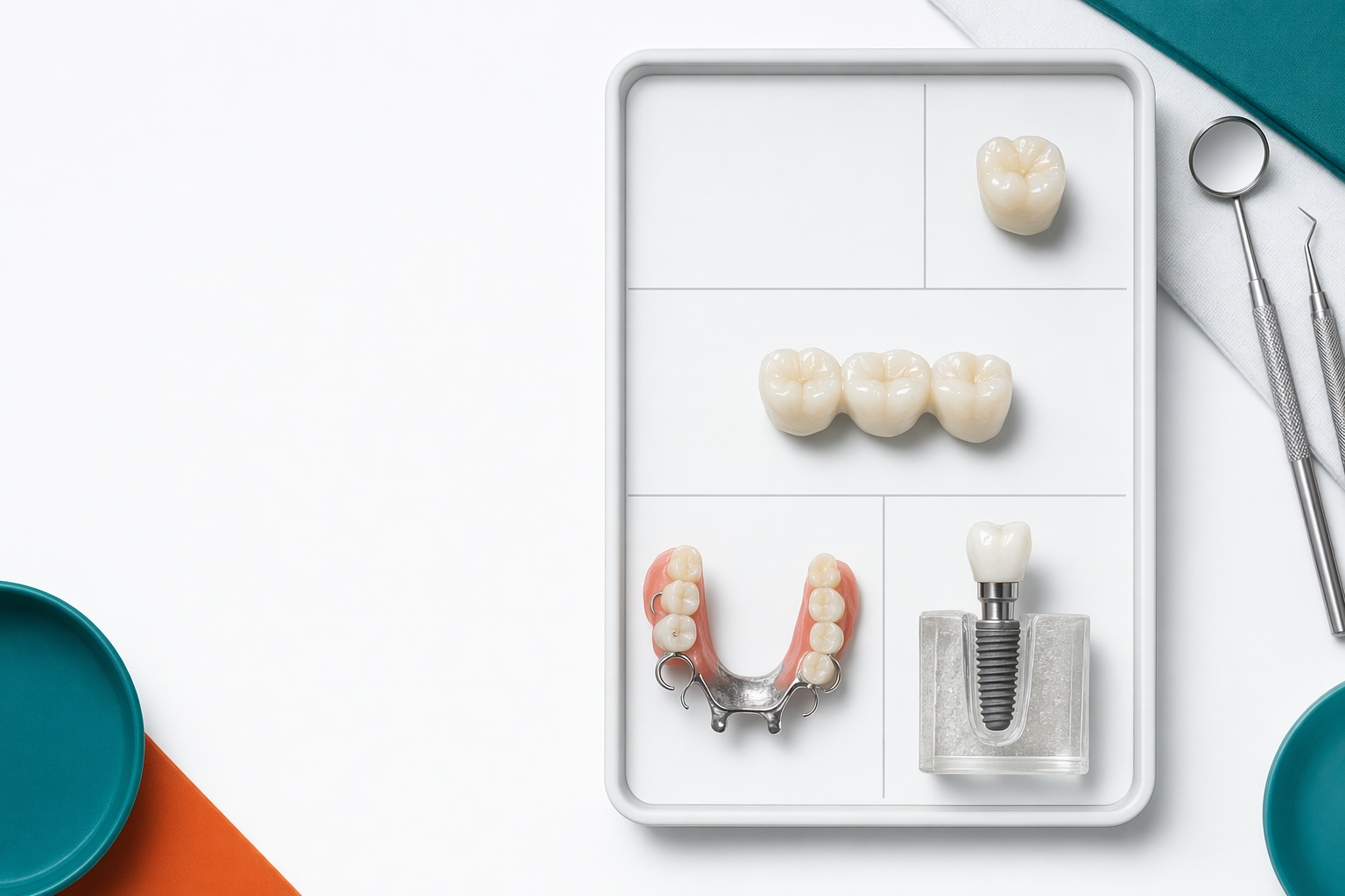A clean clinical tray laying out crowns, a bridge, dentures and an implant tooth
